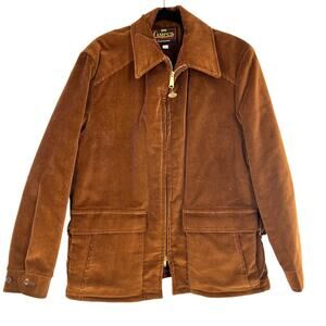 vintage men's 1970's corduroy zip front coat brown large faux fur lining 44chest